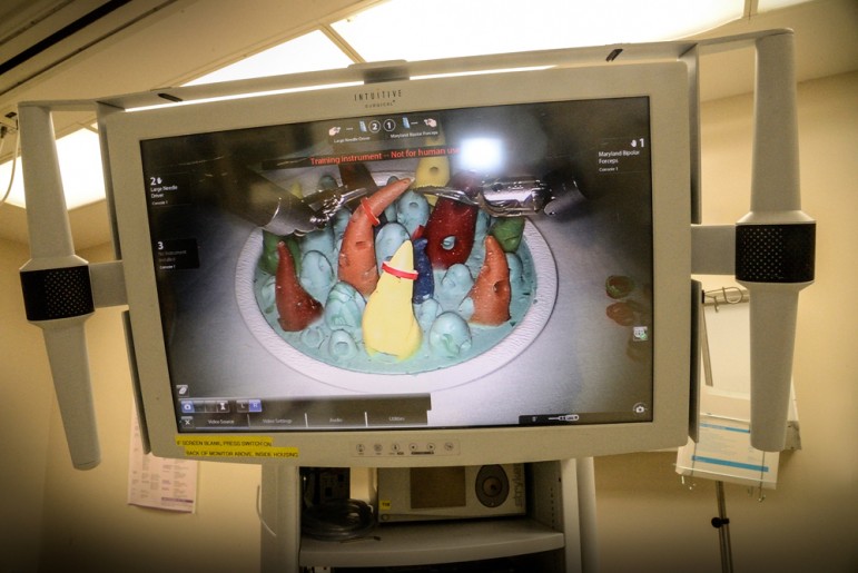 A zoomed-in display allows doctors to see what they're doing with a da Vinci device from across the room, or even further. (Photo by Greg Ramar)