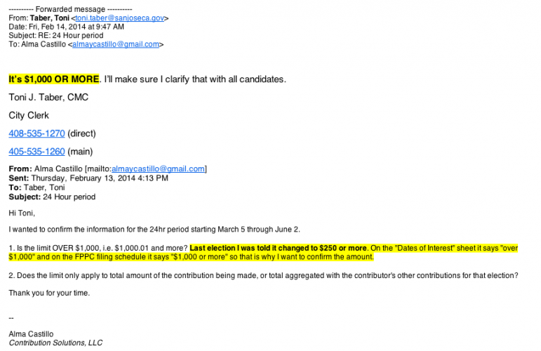 Toni Taber sent this email to campaign accountant Alma Castillo, showing the clerk provided incorrect information. 