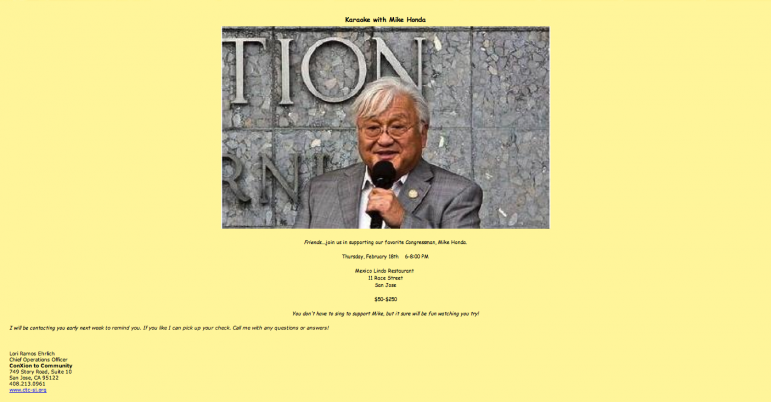 Nonprofit exec Lori Ramos Ehrlich sent this flyer with her work signature and contact information while trying to raise money for Congressman Mike Honda.