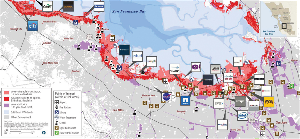 Businesses along the South Bay shoreline at risk of flooding from sea level rise. (Source: GreenInfo Network for the South Bay Shoreline Study) 