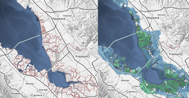 A risk zone map that shows current sea levels (left) compared to a 10-foot rise, which the bay is projected to reach by 2200 unless the state imposes stricter regulations on carbon emissions. (Source: Climate Central)