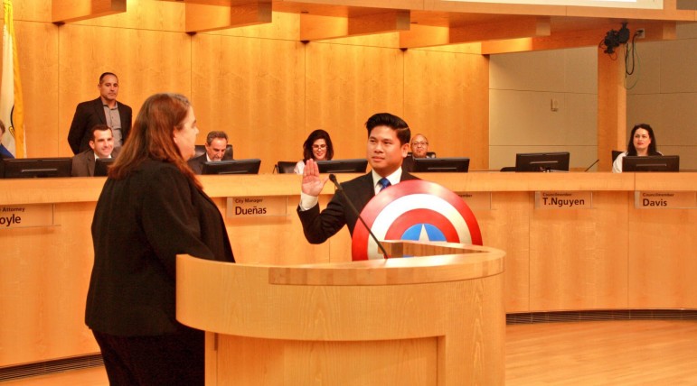 Lan Diep, San Jose’s District 4 councilman, brought along a Captain America shield for his swearing-in ceremony. (Photo via Twitter)