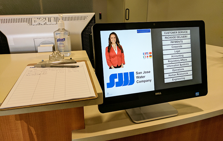 A digital receptionist greets visitors at San Jose Water's central office on Taylor Street. (Photo by Jennifer Wadsworth)