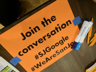 A leaflet at a community meeting hosted by community groups to talk about Google's potential impact. (Photo by Jennifer Wadsworth)