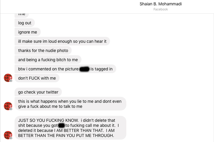 Some of the threatening messages Shaian Mohammadi sent to a woman he briefly dated. (Source: Facebook)